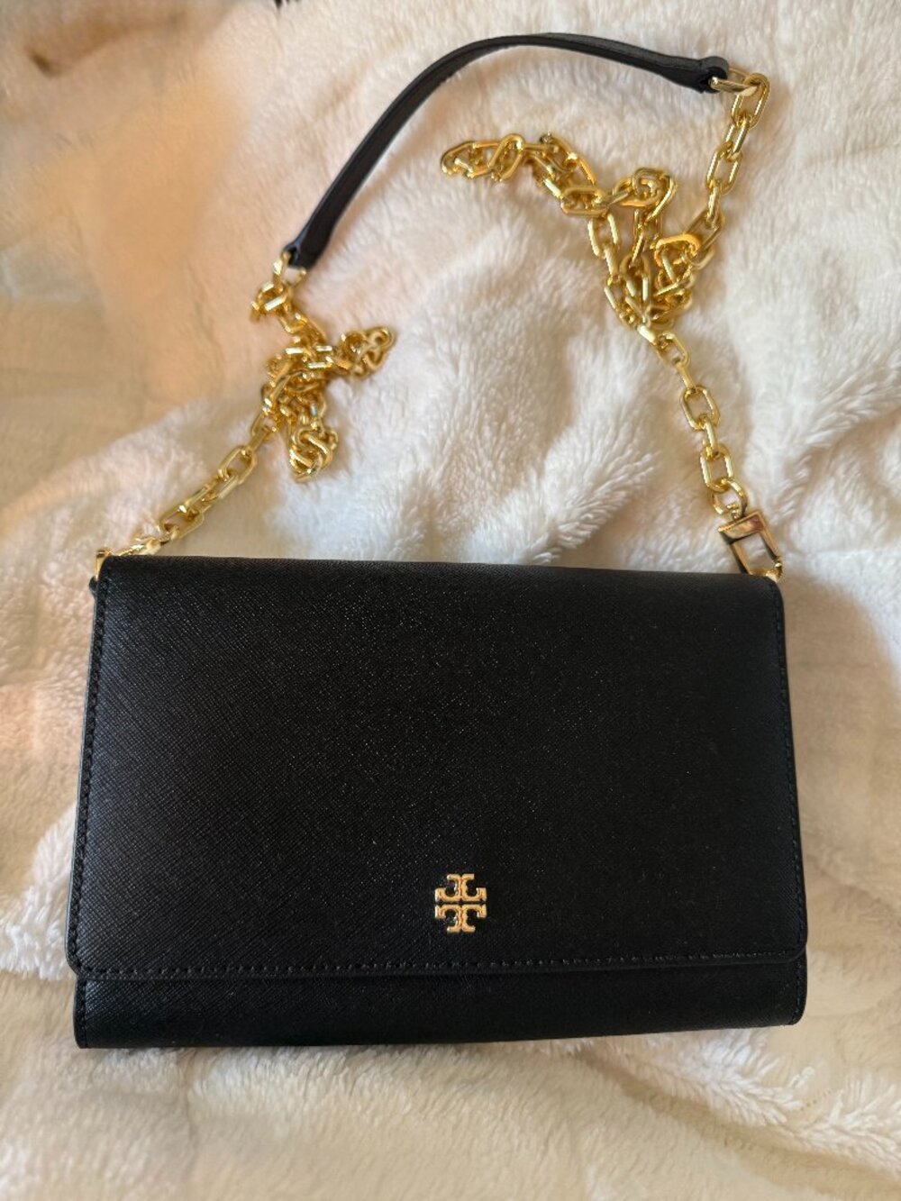 Tory Burch Emerson Black Saffiano Leather Crossbody Wallet Chain Bag